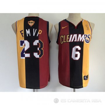 Camiseta Lebron James NO 6 23 Los Angeles Lakers 2020 FMVP Heat Cavaliers Split Dual Number Rojo Oro