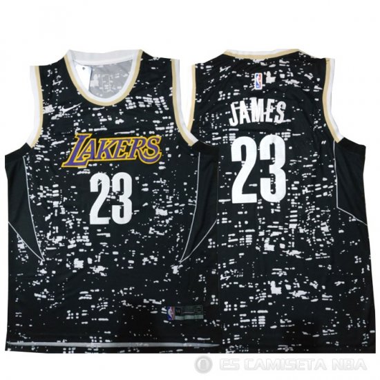 Camiseta LeBron James #23 Luces de la ciudad Los Angeles Lakers Negro - Haga un click en la imagen para cerrar