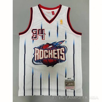 Camiseta Hakeem Olajuwon NO 34 Houston Rockets Mitchell & Ness 1996-97 Blanco