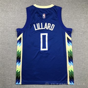Camiseta Damian Lillard #0 Milwaukee Bucks Nino Ciudad 2022-23 Azul