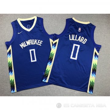 Camiseta Damian Lillard #0 Milwaukee Bucks Nino Ciudad 2022-23 Azul