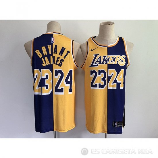 Camiseta Kobe Bryant LeBron James NO 24 23 Los Angeles Lakers Split Amarillo Violeta - Haga un click en la imagen para cerrar