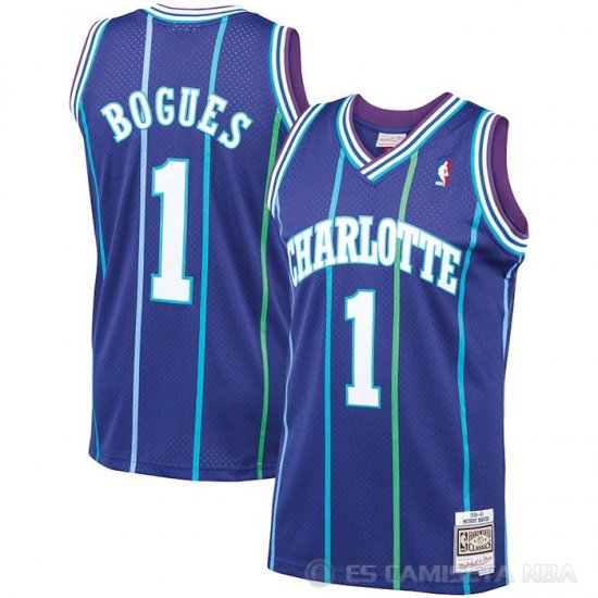 Camiseta Muggsy Bogues NO 1 Charlotte Hornets Mitchell & Ness 1994-95 Violeta - Haga un click en la imagen para cerrar