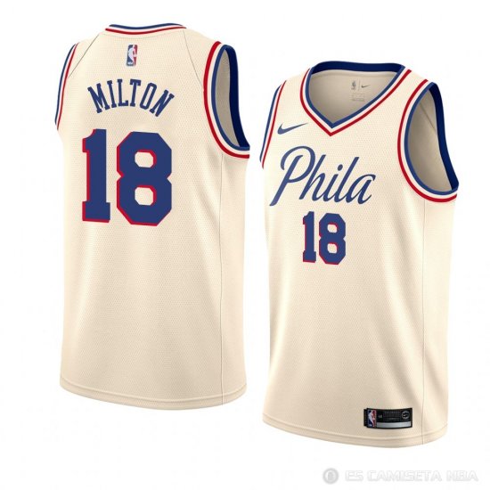 Camiseta Shake Milton #18 Philadelphia 76ers Ciudad 2018 Crema - Haga un click en la imagen para cerrar