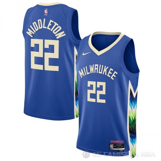 Camiseta Khris Middleton #22 Milwaukee Bucks Ciudad 2022-23 Azul - Haga un click en la imagen para cerrar